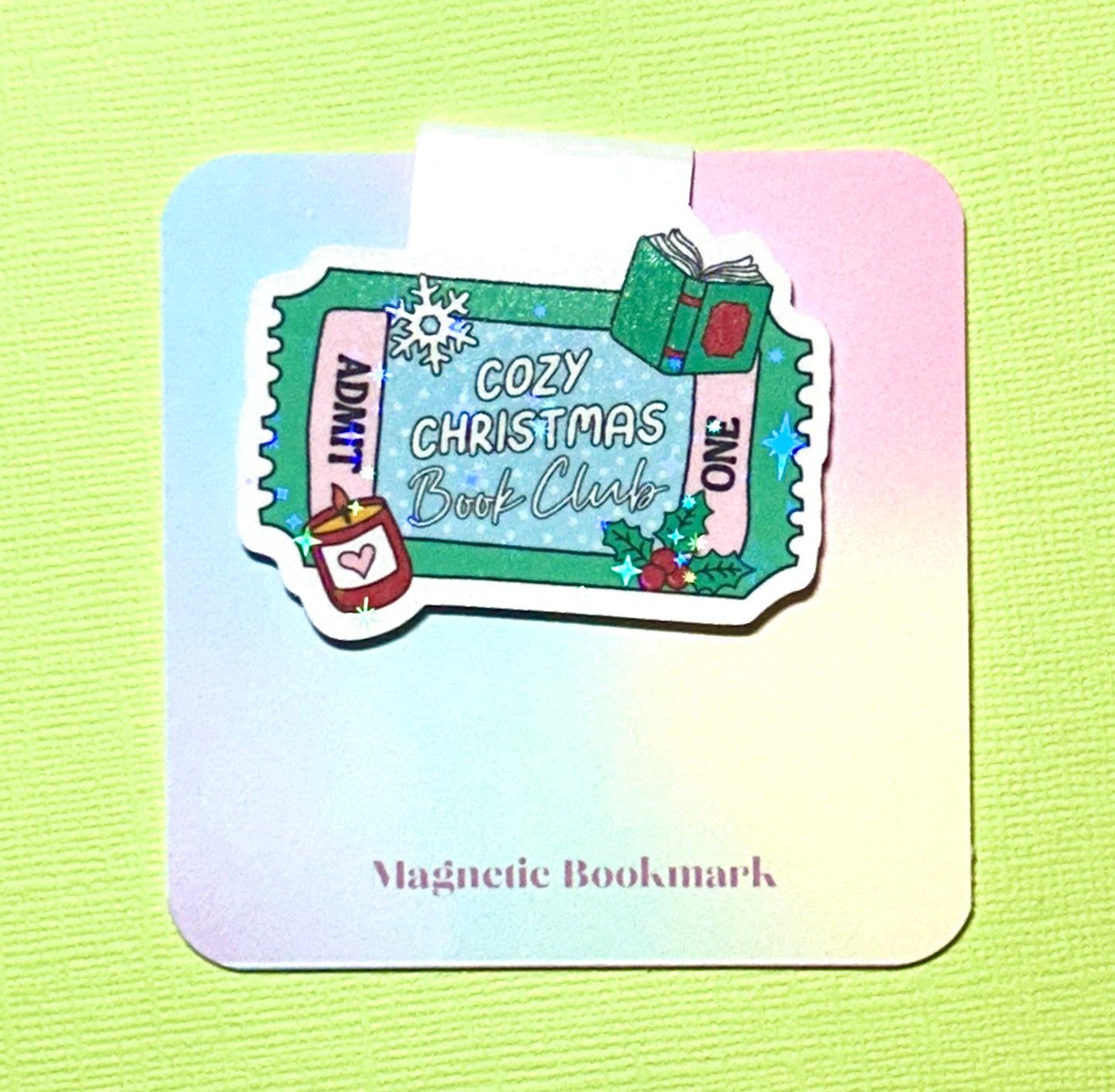 Cozy Christmas Book Club holographic magnetic bookmark