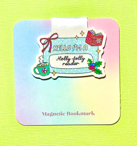 Name sticker hello, I’m a holly jolly reader holographic magnetic bookmark