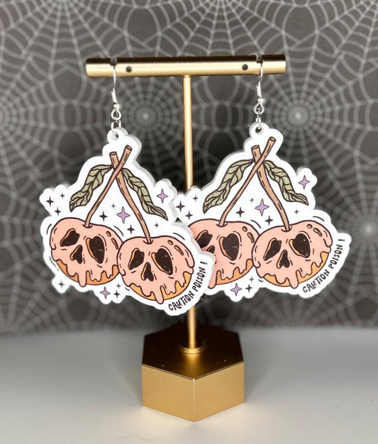 Cherry caution poison halloween skull earrings nickel free